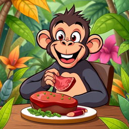 A whimsical scene featuring a monkey sitting at a dining table, joyfully eating a piece of calf meat