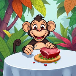 A whimsical scene featuring a monkey sitting at a dining table, joyfully eating a piece of calf meat