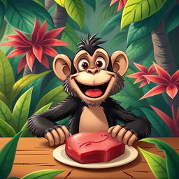 A whimsical scene featuring a monkey sitting at a dining table, joyfully eating a piece of calf meat