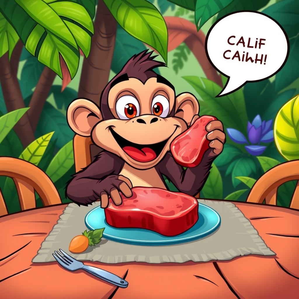 A whimsical scene featuring a monkey sitting at a dining table, joyfully eating a piece of calf meat