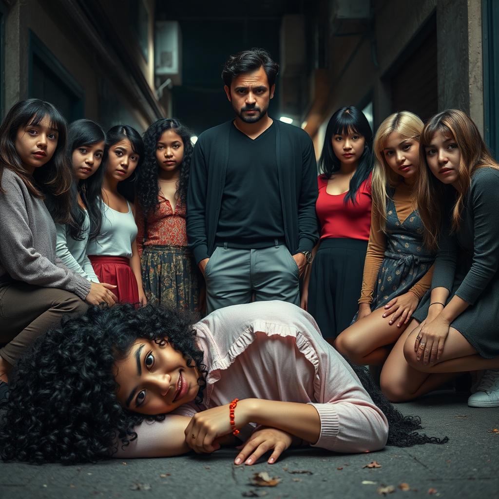 A dramatic scene depicting six girls surrounding a man in a tense moment
