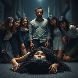 A dramatic scene depicting six girls surrounding a man in a tense moment