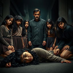 A dramatic scene depicting six girls surrounding a man in a tense moment