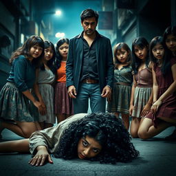 A dramatic scene depicting six girls surrounding a man in a tense moment