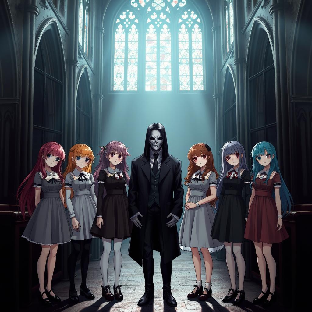 Six beautiful girls standing together in a dimly lit, eerie church