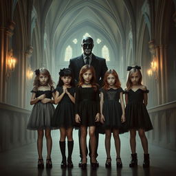 Six beautiful girls standing together in a scarily atmospheric church, depicted as real people