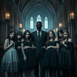 Six beautiful girls standing together in a scarily atmospheric church, depicted as real people