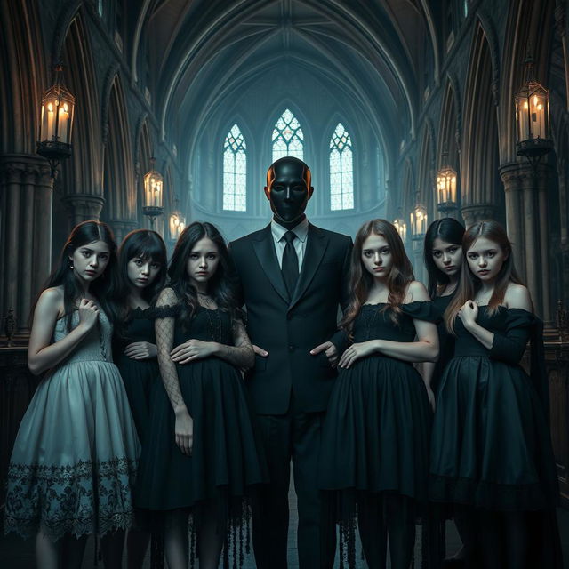 Six beautiful girls standing together in a scarily atmospheric church, depicted as real people