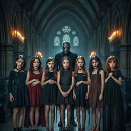 Six beautiful girls standing together in a scarily atmospheric church, depicted as real people