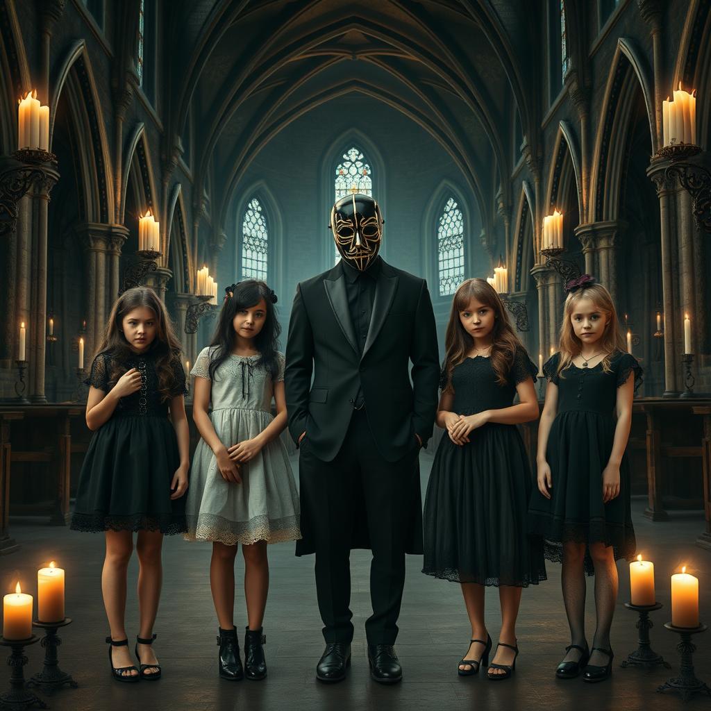 Six beautiful girls standing together in a scarily atmospheric church, depicted as real people