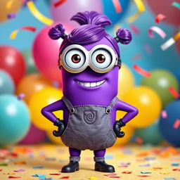 A purple female minion character with large round goggles, a playful grin, and two little arms and legs