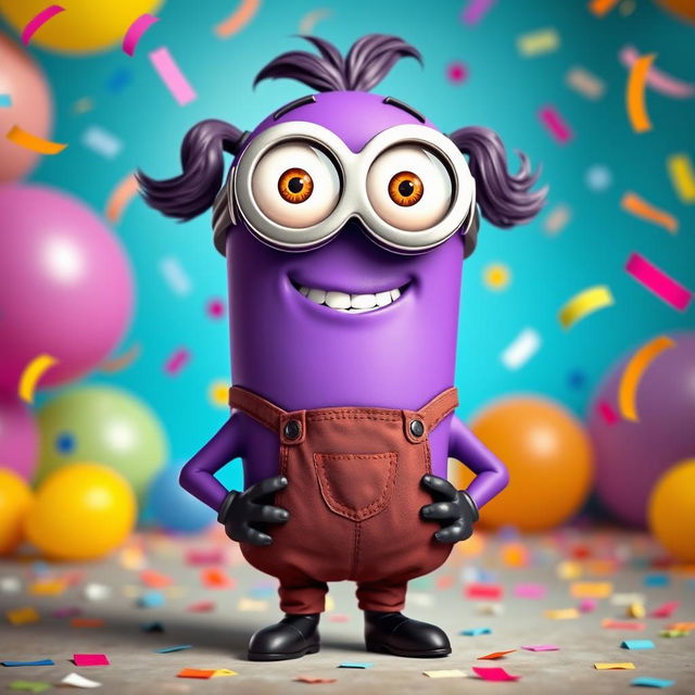 A purple female minion character with large round goggles, a playful grin, and two little arms and legs