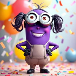 A purple female minion character with large round goggles, a playful grin, and two little arms and legs