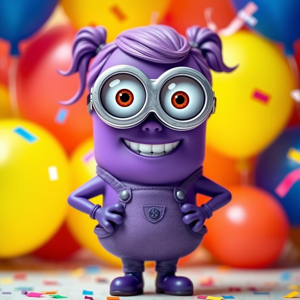 A purple female minion character with large round goggles, a playful grin, and two little arms and legs