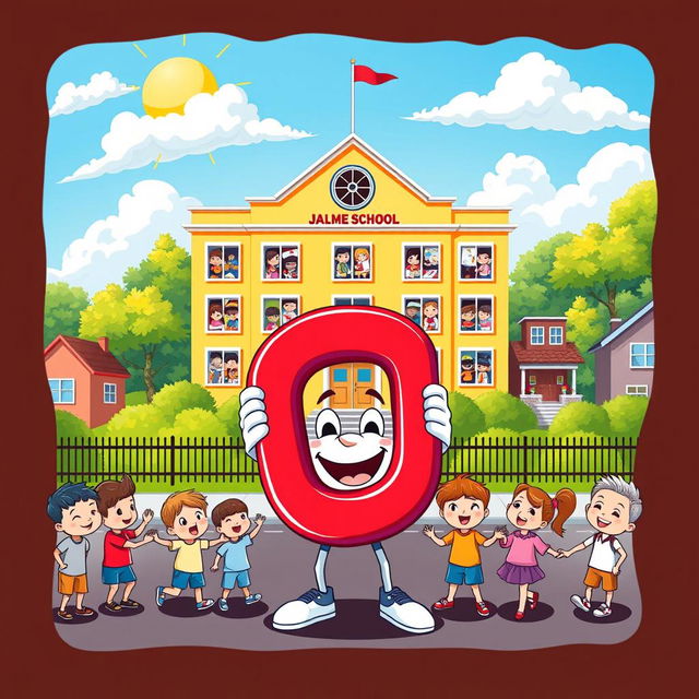 A vibrant and colorful poster featuring a large, charming school building with a welcoming facade, standing proudly in the center