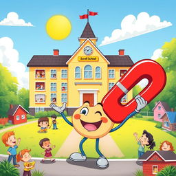 A vibrant and colorful poster featuring a large, charming school building with a welcoming facade, standing proudly in the center