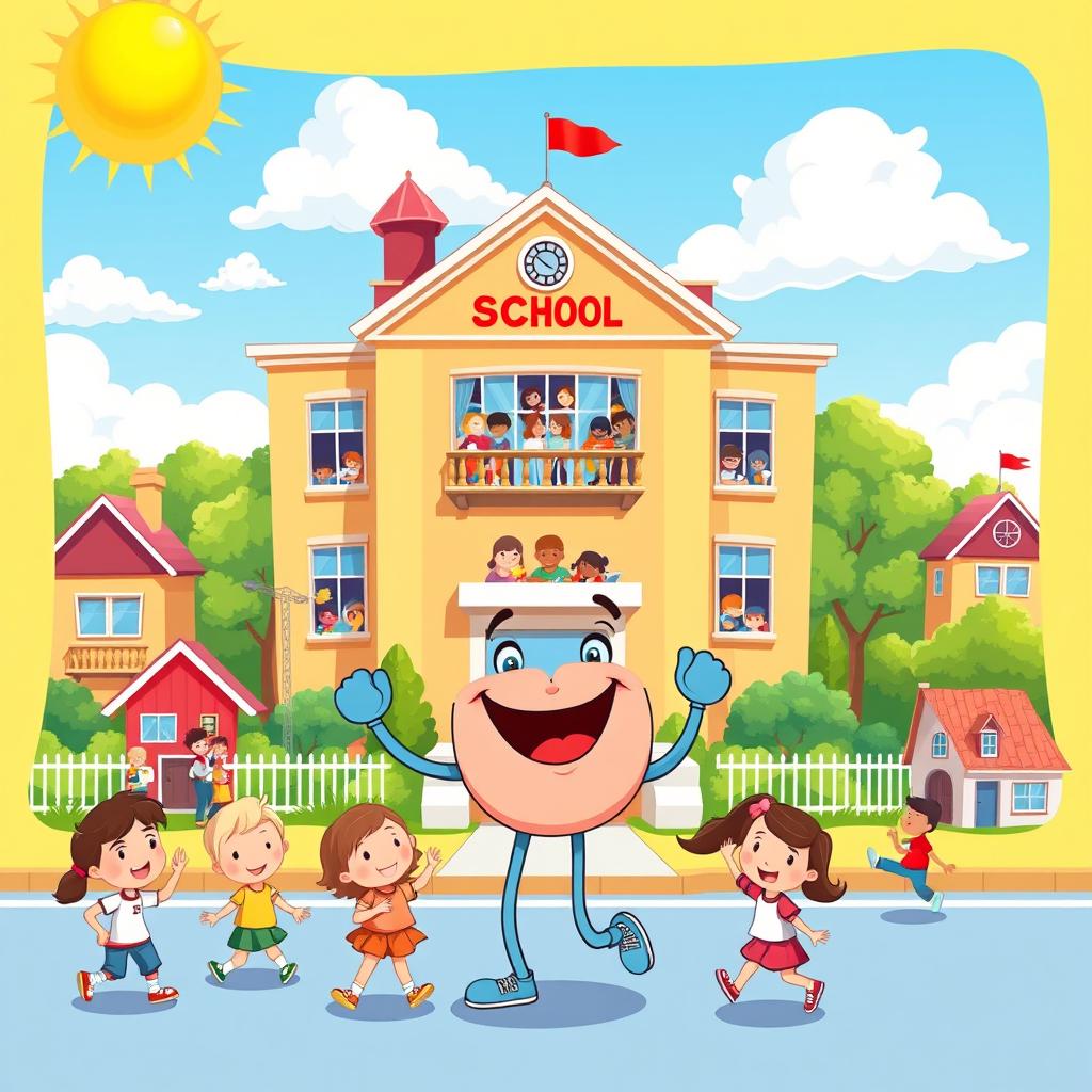 A vibrant and colorful poster featuring a large, charming school building with a welcoming facade, standing proudly in the center