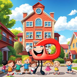 A vibrant and colorful poster featuring a large, charming school building with a welcoming facade, standing proudly in the center