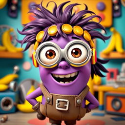 A whimsical, purple female minion character with big expressive eyes and a playful smile