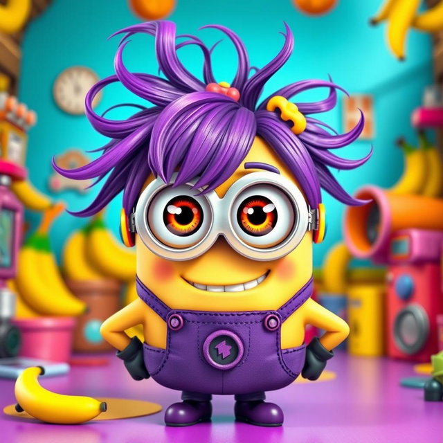 A whimsical, purple female minion character with big expressive eyes and a playful smile