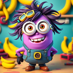 A whimsical, purple female minion character with big expressive eyes and a playful smile