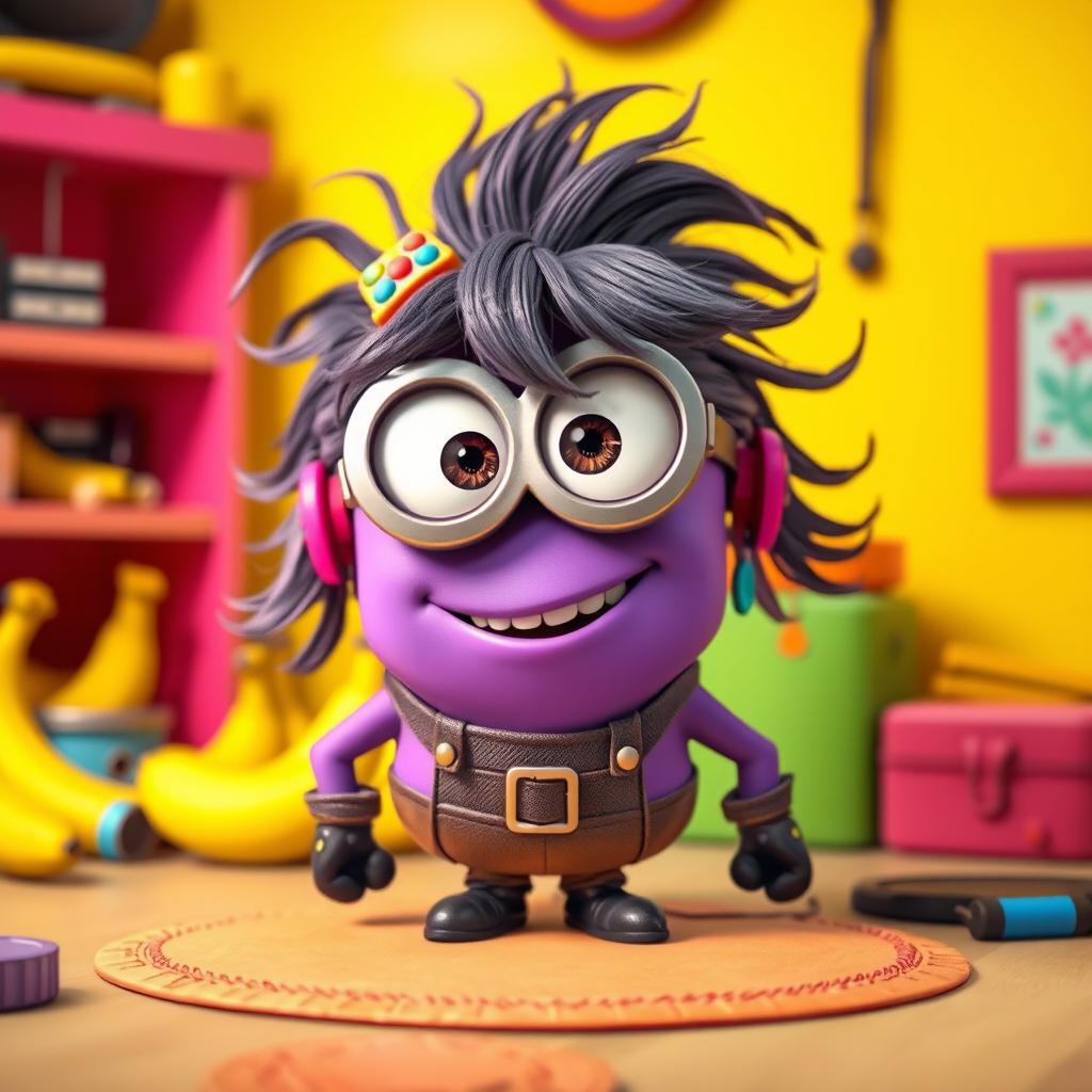A whimsical, purple female minion character with big expressive eyes and a playful smile