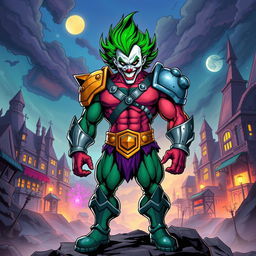 A vibrant crossover character inspired by both He-Man and the Joker, featuring a muscular build dressed in a mix of heroic armor and a clown-inspired costume