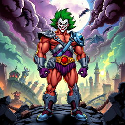 A vibrant crossover character inspired by both He-Man and the Joker, featuring a muscular build dressed in a mix of heroic armor and a clown-inspired costume
