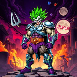 A vibrant crossover character inspired by both He-Man and the Joker, featuring a muscular build dressed in a mix of heroic armor and a clown-inspired costume