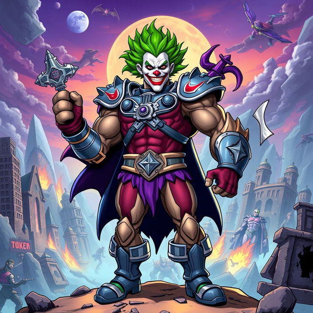 A vibrant crossover character inspired by both He-Man and the Joker, featuring a muscular build dressed in a mix of heroic armor and a clown-inspired costume