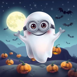 A whimsical ghost minion character, depicted with a translucent and slightly glowing body, resembling a playful spirit