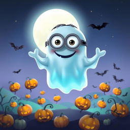 A whimsical ghost minion character, depicted with a translucent and slightly glowing body, resembling a playful spirit