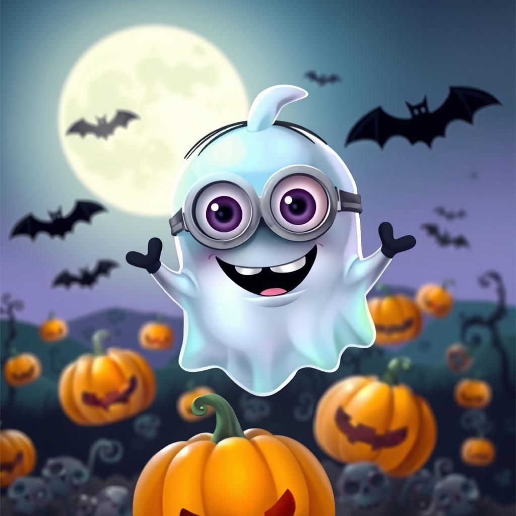 A whimsical ghost minion character, depicted with a translucent and slightly glowing body, resembling a playful spirit