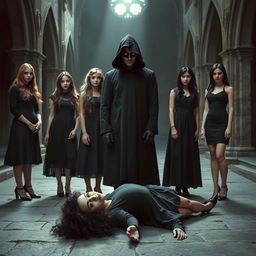 Six young women standing in a haunting, eerie church, characterized by dark, gothic architecture
