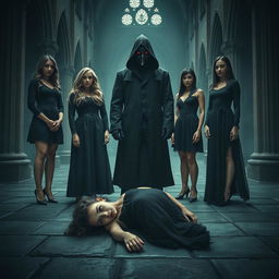 Six young women standing in a haunting, eerie church, characterized by dark, gothic architecture