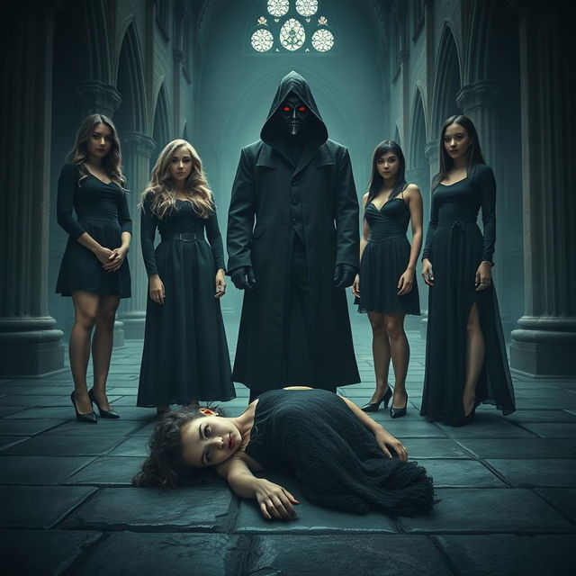Six young women standing in a haunting, eerie church, characterized by dark, gothic architecture