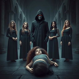 Six young women standing in a haunting, eerie church, characterized by dark, gothic architecture