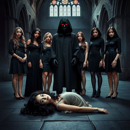 Six young women standing in a haunting, eerie church, characterized by dark, gothic architecture