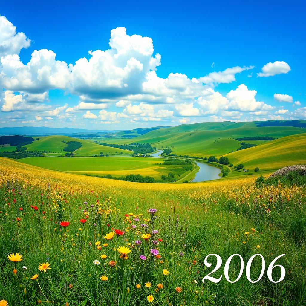 A beautiful, serene landscape featuring an expansive view of rolling hills under a clear blue sky, dotted with fluffy white clouds