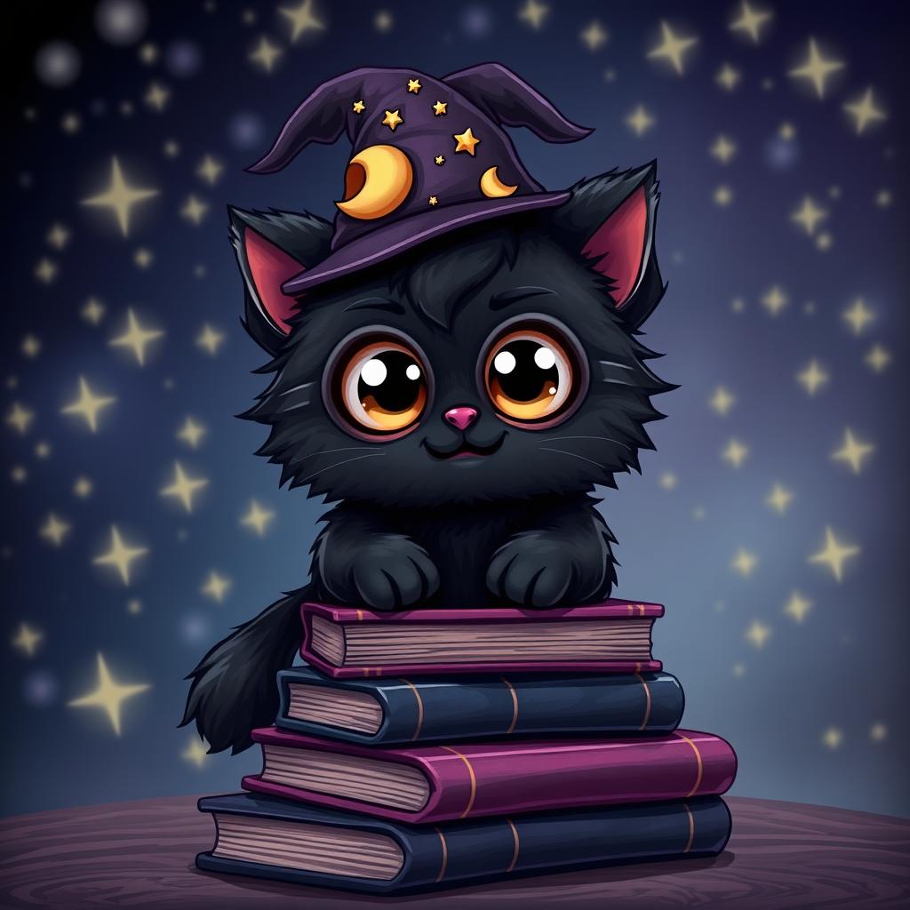 A playful black cat minion character, featuring a fluffy black body, oversized round eyes, and a cheeky grin