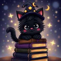 A playful black cat minion character, featuring a fluffy black body, oversized round eyes, and a cheeky grin