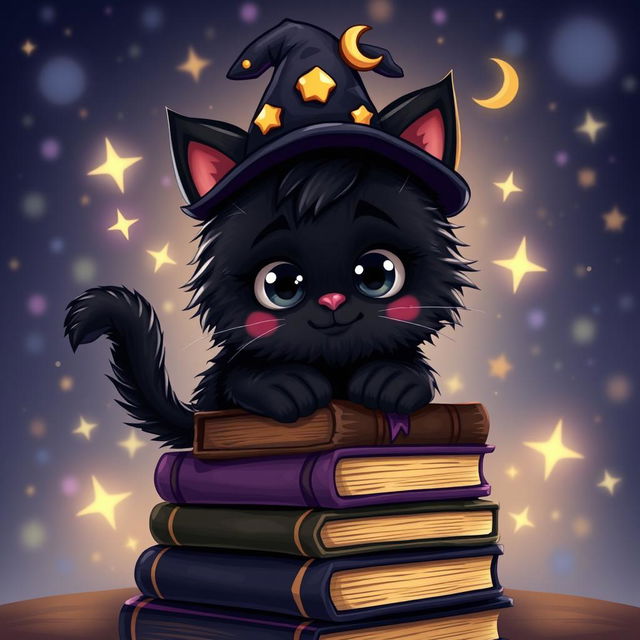 A playful black cat minion character, featuring a fluffy black body, oversized round eyes, and a cheeky grin