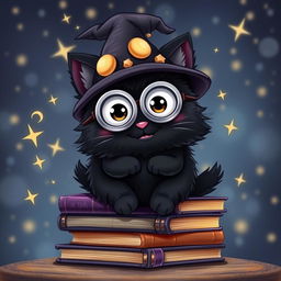 A playful black cat minion character, featuring a fluffy black body, oversized round eyes, and a cheeky grin