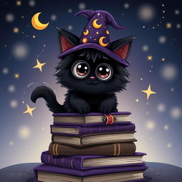 A playful black cat minion character, featuring a fluffy black body, oversized round eyes, and a cheeky grin