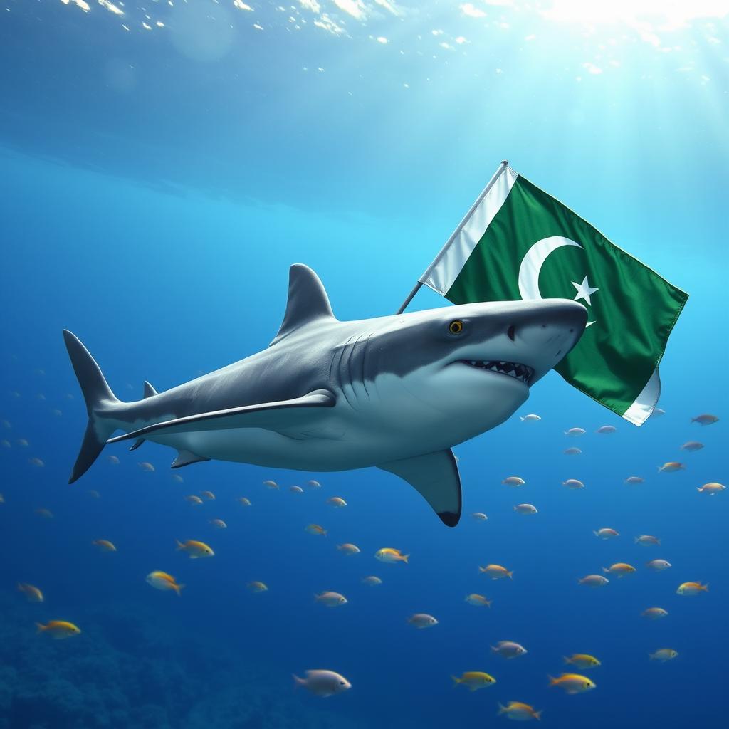 A majestic shark swimming gracefully underwater, adorned in a detailed Pakistan Army uniform