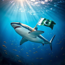 A majestic shark swimming gracefully underwater, adorned in a detailed Pakistan Army uniform
