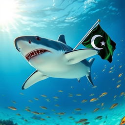 A majestic shark swimming gracefully underwater, adorned in a detailed Pakistan Army uniform