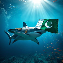A majestic shark swimming gracefully underwater, adorned in a detailed Pakistan Army uniform