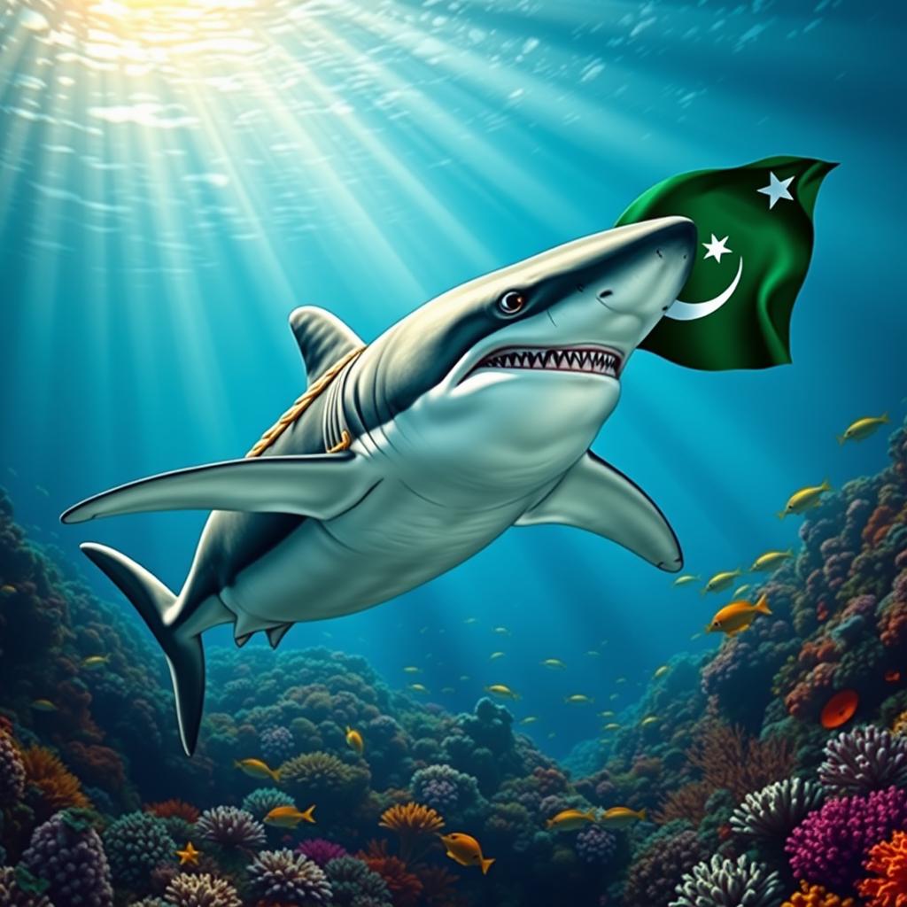 Imagine a powerful shark swimming underwater, dressed in an authentic Pakistan Army uniform