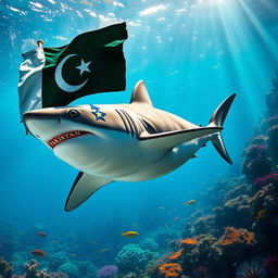 Imagine a powerful shark swimming underwater, dressed in an authentic Pakistan Army uniform